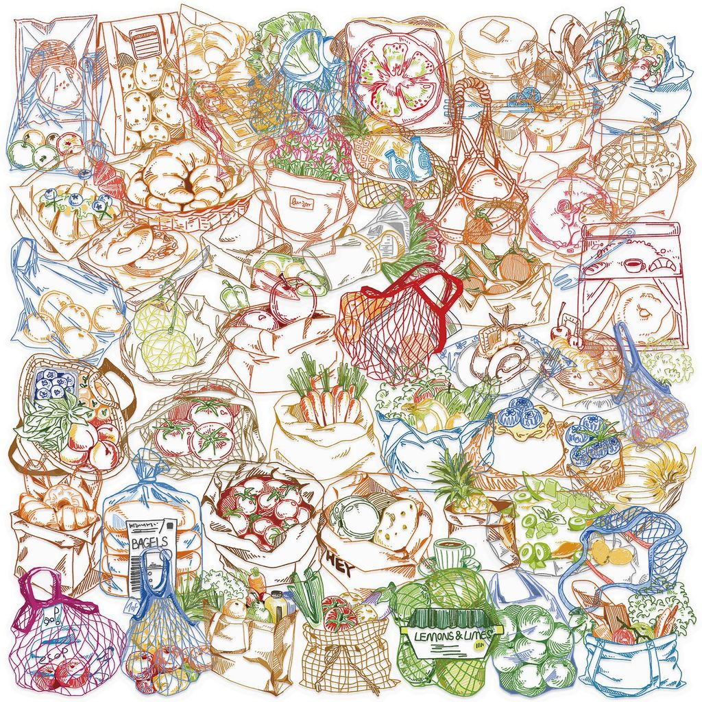 50枚入り カラーライン画 フードPET防水ステッカー ミニ - Food Snacks Drawing のレビューと価格